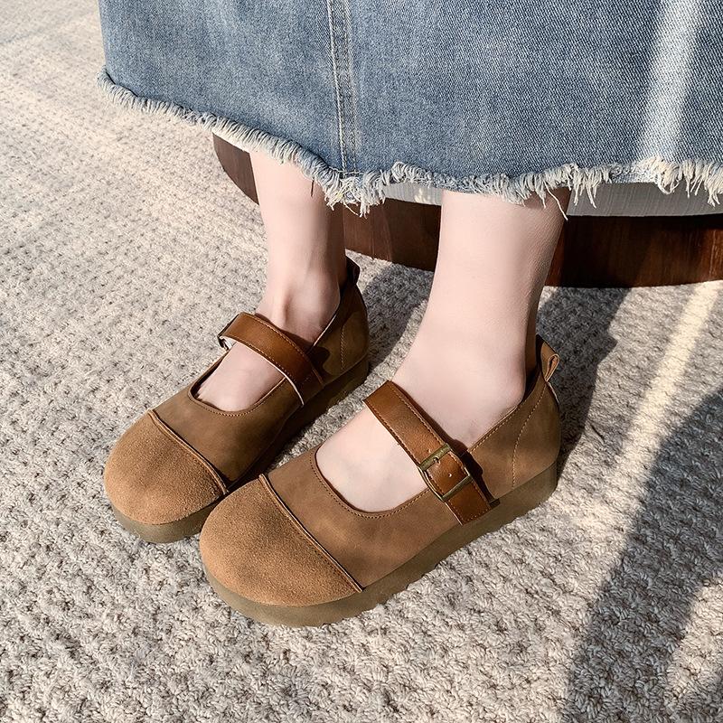 Retro Flat Comfortable Casual Shoes Women Soft Bottom Frosted Patchwork Casual Shallow Mouth Mary Jane Shoes Zapatos De Mujer