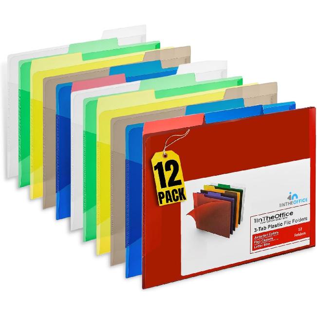1InTheOffice Plastic File Folders, Poly File Folders, Translucent Poly File Folders, 1/3-cut, Top Tabs, Letter Size, Assorted, 12/Pack