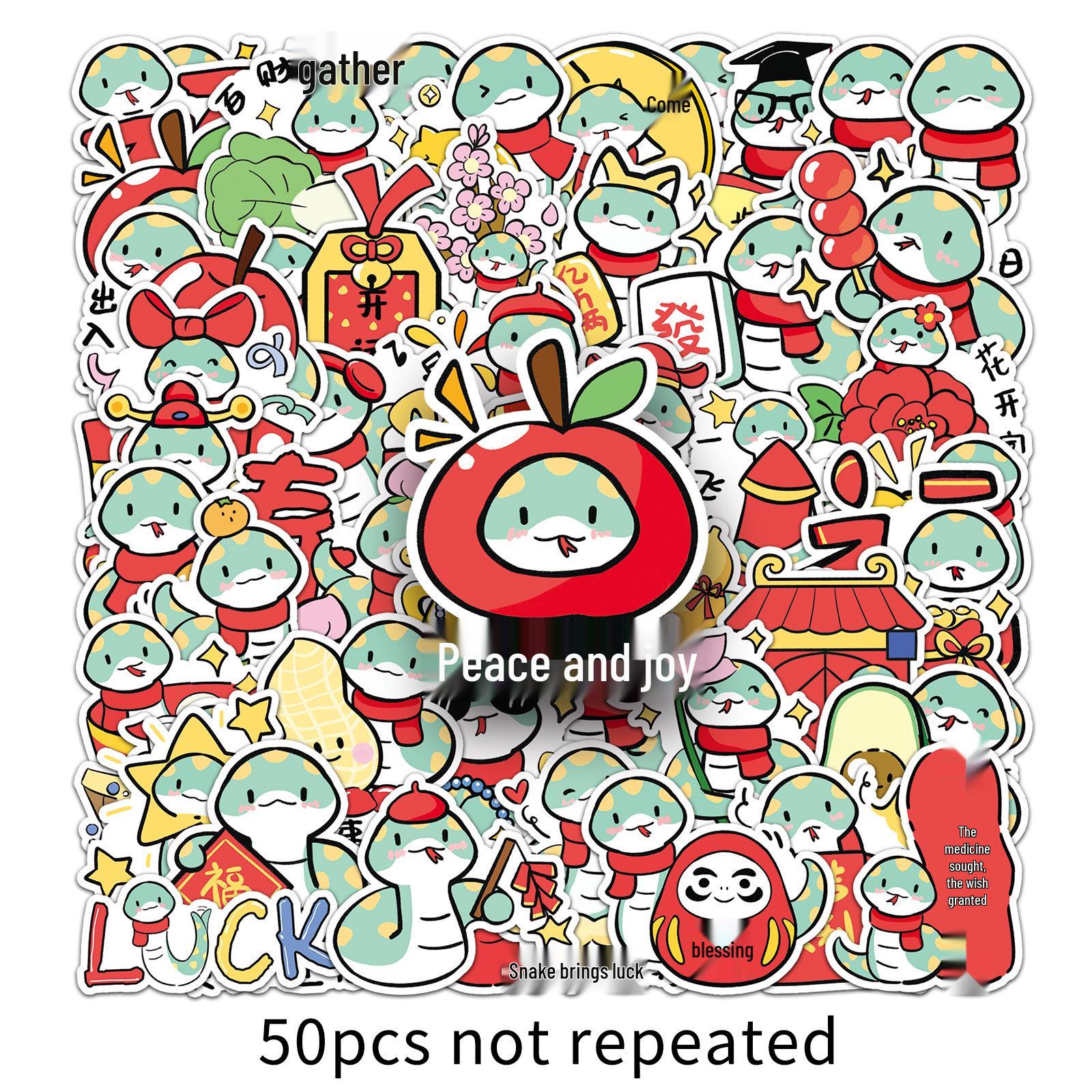 50 Original Chinese New Year Snake Doodle Stickers: Hand-Painted Cartoons for Phone Cases & Luggage