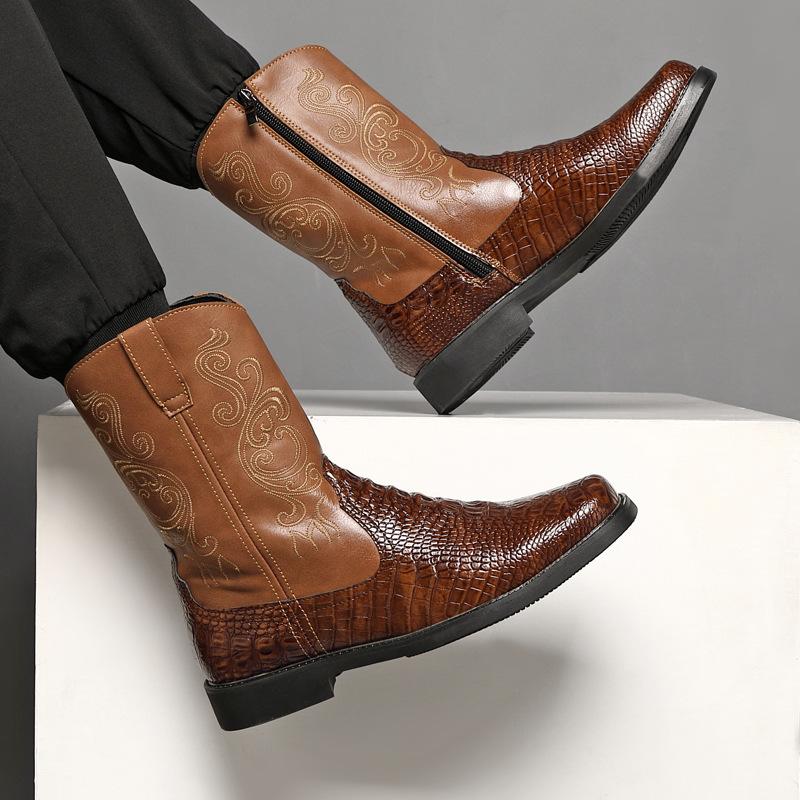Fashion Men's Wide Width Tall Cowboy Boots Fall 2025 PU Leather High Shaft Western Embroidered Workwear Vintage Riding Boots for Outdoor