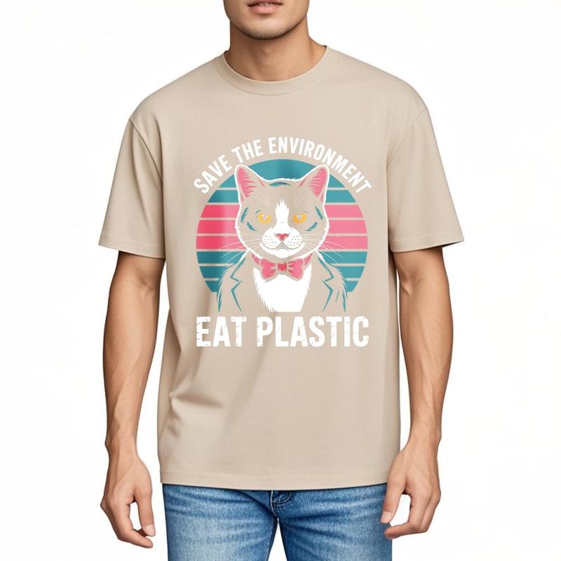 New Arrived Unisex Crew Neck Tshirt Black Save The EnvironUnisext Eat Plastic Cat Everyday For Unisex Tee Shirt Male Summer Teeshirt