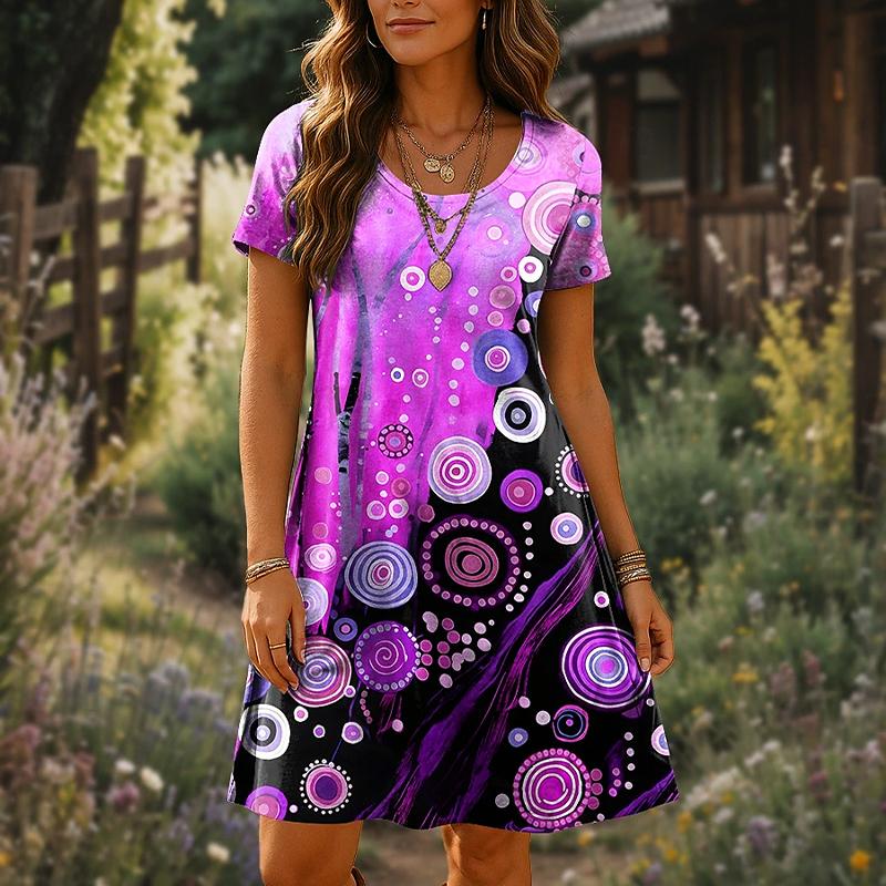 

Женская мода Изящные Ретро Красочный Принт Летние Весенние Платья с Коротким Рукавом и Круглым Вырезом Повседневные 8XL фиолетовый
