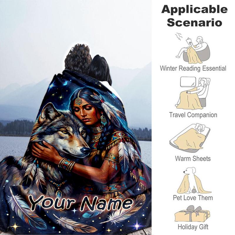 1PC Custom Name Wolf Spirit Connection Flannel Blanket Versatile,all-season Throw Suitable for the Living Room,bedroom,camping,travel,and Gift