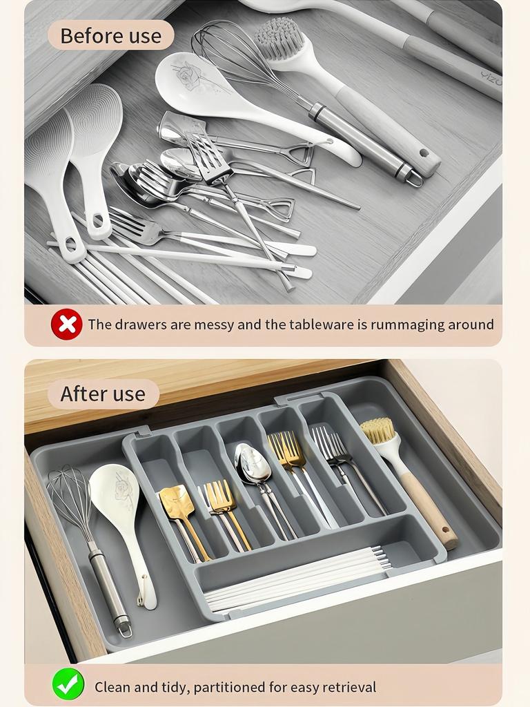 GENGSHENG 2Pcs Black Drawer Organizer  Expandable Utensil Tray for Kitchen  Used for Spoons, Forks, and Knives Cutlery Organiser