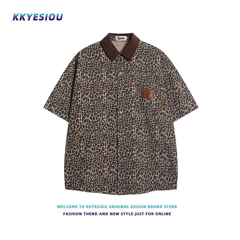 

KKyesiou Trendy Мужской ретро-комбинезон с леопардовой вышивкой большого размера: Рубашка с коротким рукавом и шорты XL