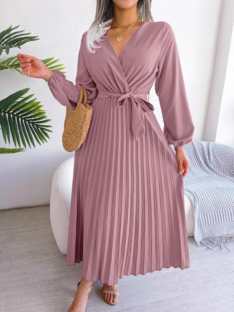 Elegant Women Pleated Maxi Dress Long Sleeve V Neck