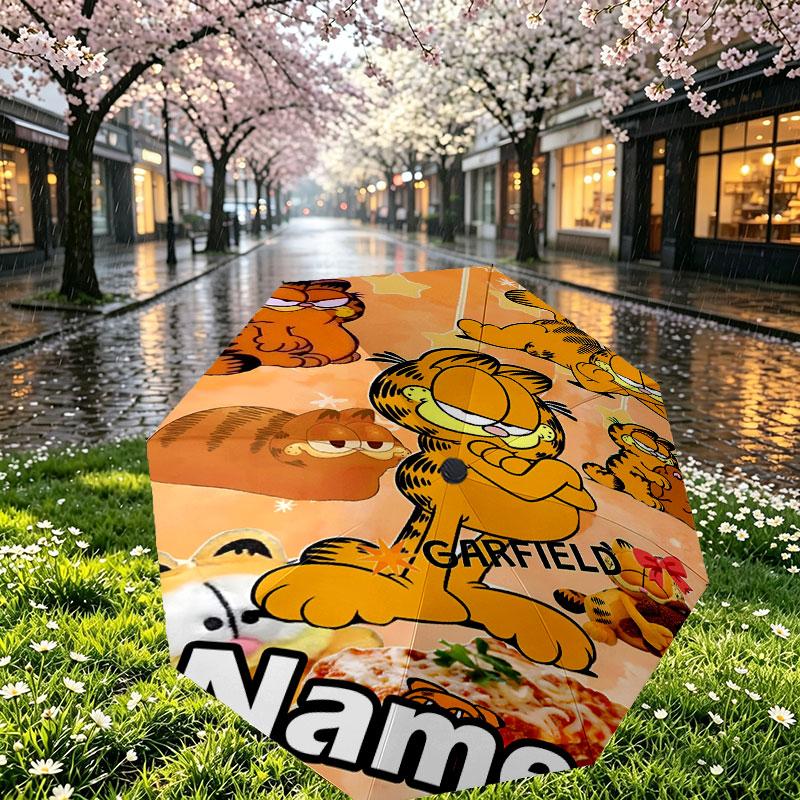 Personalisierter Garfield-Druckschirm mit individuellem Namen, Automatisches Öffnen und Schließen, Stabiler 8-Rippen-Rahmen, Für Pendeln, Camping, Wandern, Geburtstagsgeschenk