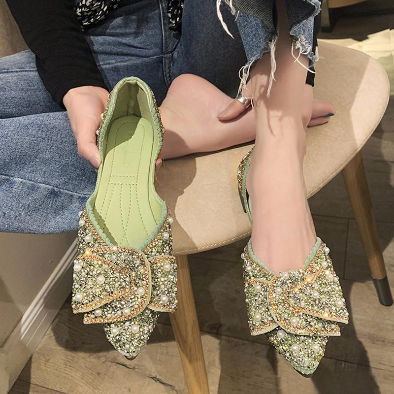 Rimocy Spring Summer Rhinestone Flats Women Korean Fashion Pointed Toe Single Shoes Woman Soft Sole Luxury Pearl Single Shoes