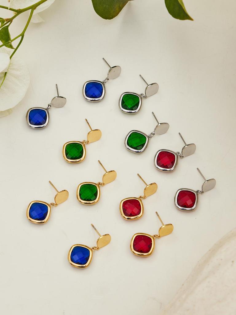 Stylish European & American Stainless Steel Jewelry Set with Square Faceted Glass Stones: Includes Bracelet, Necklace, and Earrings