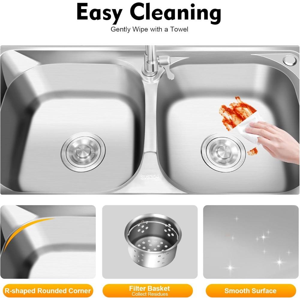Stainless Steel Kitchen Sink,2 Basins,3-Layer Freestanding Sink,Stainless Steel Kitchen Sink with Faucet,Commercial Kitchen Sink
