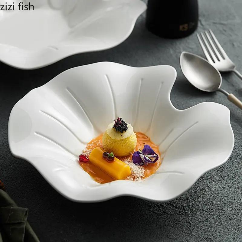 Irregular Lotus Leaf Plate Ceramic Tableware Salad Plate Dessert Snack Plates Thick Soup Plate Artistic Conception Tableware