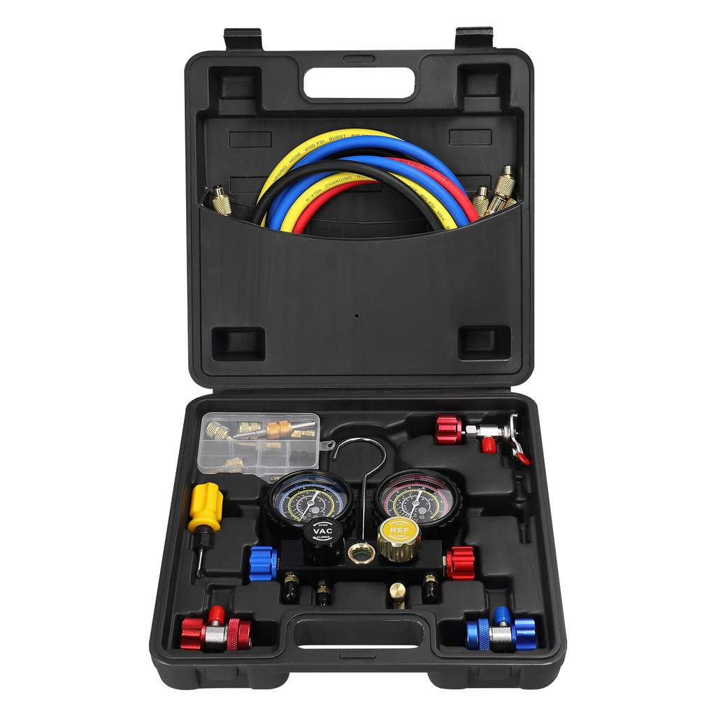 Manifold Gauge Set Air Conditioning Refrigerant Charging Tool 4 Way Dual Value Pressure Gauge with 5ft Hose Brass Quick