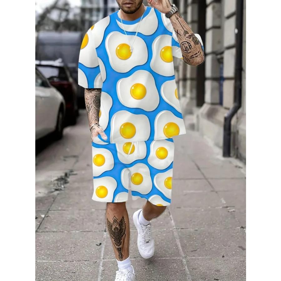 Men's Summer Short-sleeved Set, 3D Creative Flame Print And Shorts, Two-piece Casual Outdoor Fashion Set