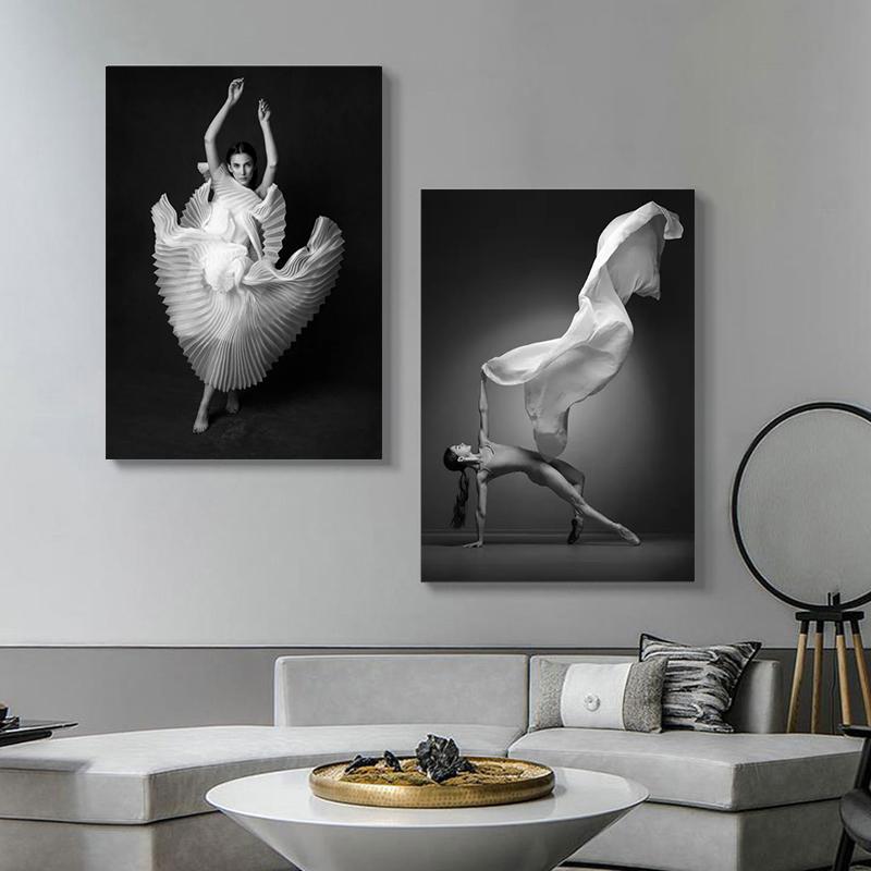 Zwart-Wit Balletdanser Canvas Schilderij Elegante Ballerina Houding Poster Print Wandkunst Afbeelding voor Woonkamer Huisdecoratie
