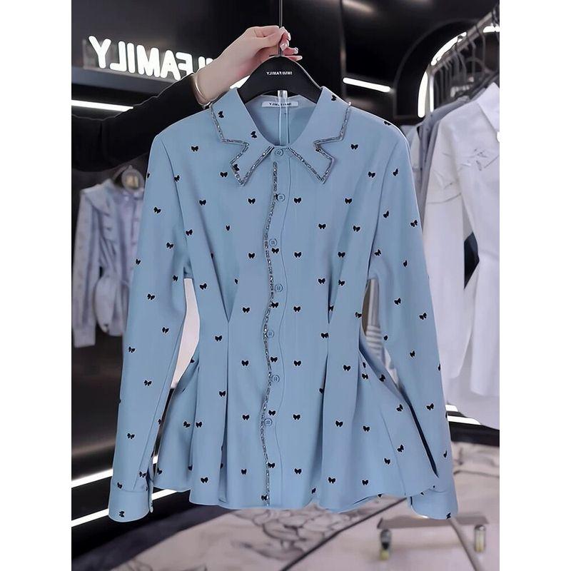 

European Style 2026 Summer New Women s Shirt with French Bow Design, Polo Collar, Waist-Cinching, Slimming, and Elegant Top Blue S