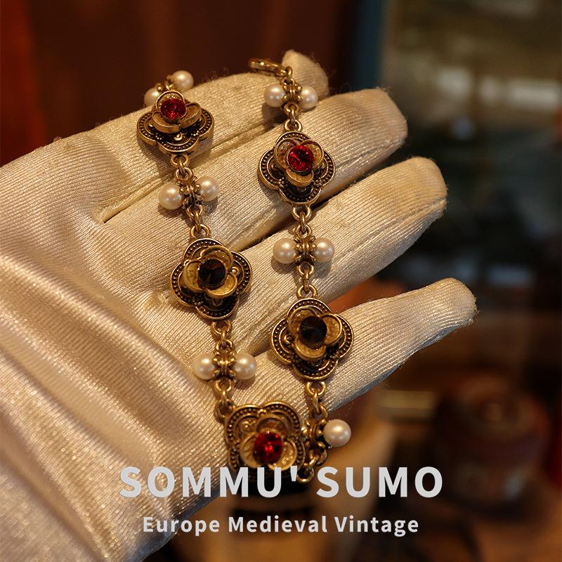 

Vintage second-hand jewelry replica outer single heavy industry vintage copper alloy double-sided imitation pearl necklace bracelet set