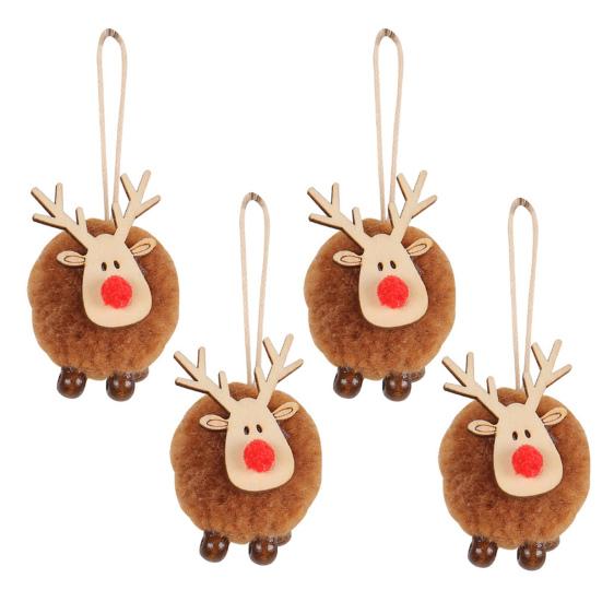 4 Pcs Christmas Elk Ornaments Felt Reindeer Plush Hanging Decorations with Wooden Head Fluffy Deer Pendants for Christmas Party Home Decor