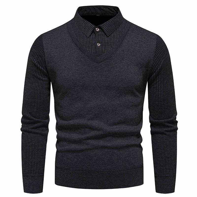 Men's Trendy Striped Two-Piece Look Pullover Sweater - Warm, Velvet-Lined Knitwear for Autumn/Winter