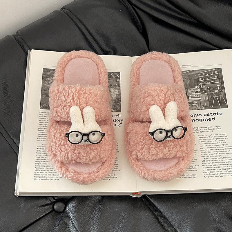 Cute cartoon eyes rabbit thick sole one-word fluffy shoes season fashionable retro casual solid color girls cotton slippers
