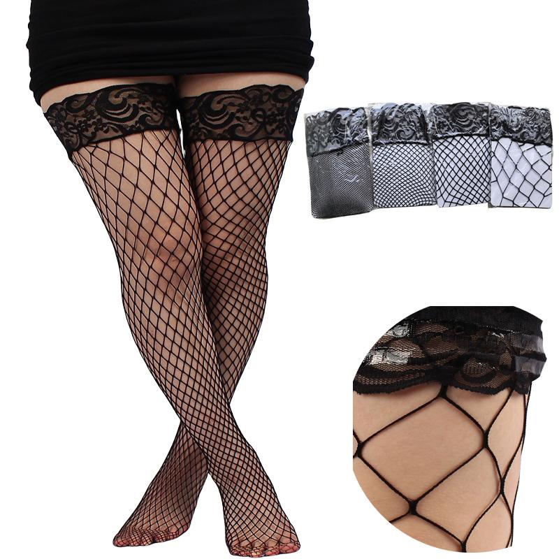 Women Sexy Lace Top Anti-Slip Plus Size Thigh High Fishnet Stockings Hold Ups Black Over Knee Length In Various Net Size