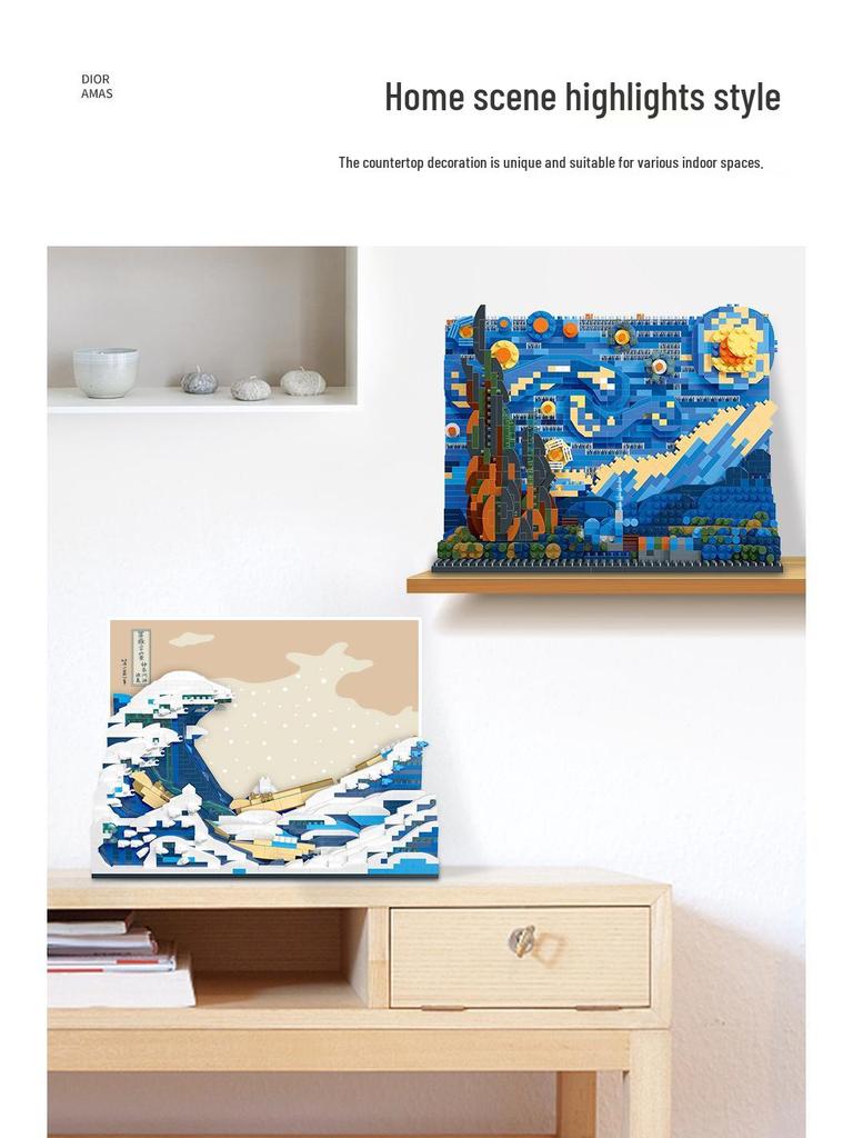 Van Gogh Starry Night & Kanagawa 3D Building Blocks Toy - Decorative Desktop Assembly for Kids