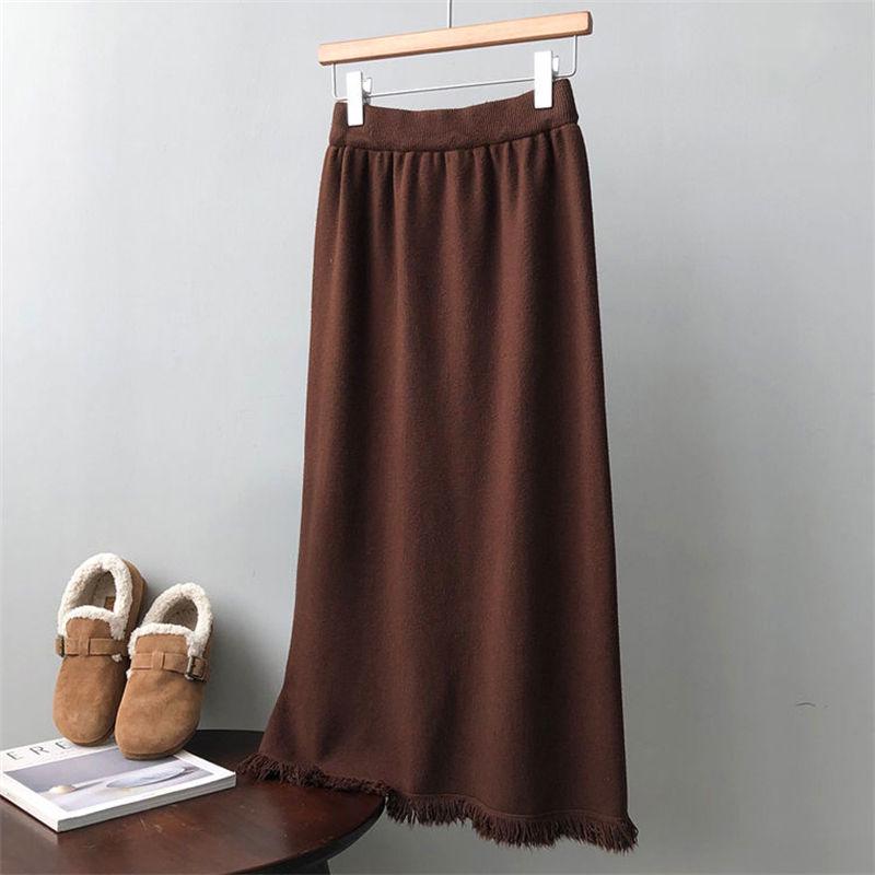 Tassel Knit Over-Knee High Waist Slim Wool Skirt with Matching Sweater