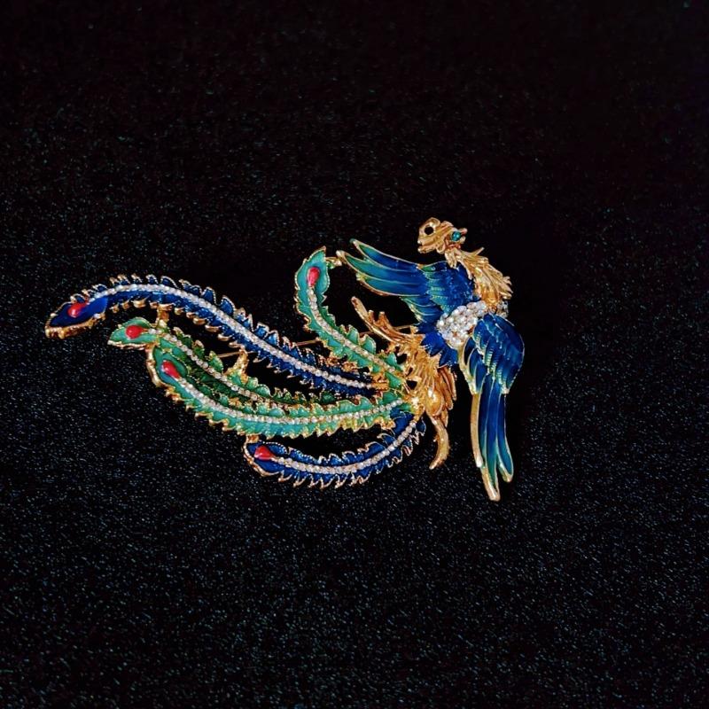 

Емалева брошка-фенікс зі стразами в китайському стилі, Маленька ексклюзивна брошка, Застібка-шпилька з захистом від відблисків синій