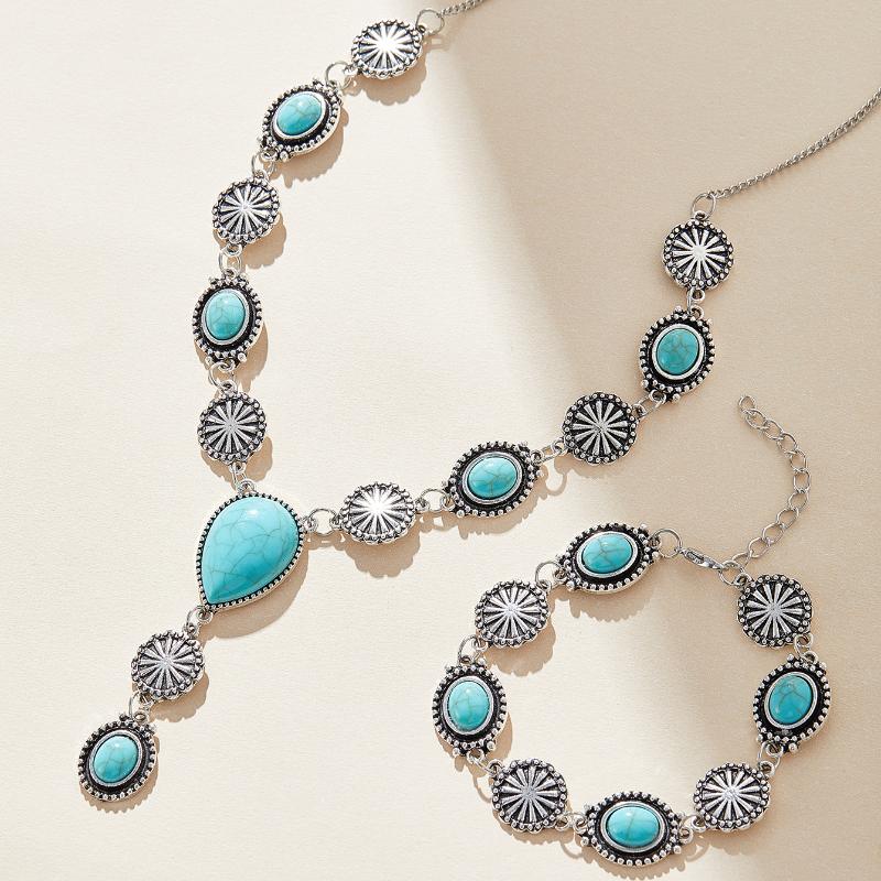 Boho Imitation Turquoise Long Pendant Necklaces Chest Chain Bracelet Set For Women Punk Cuban Link Clavicle Chain Body Jewelry