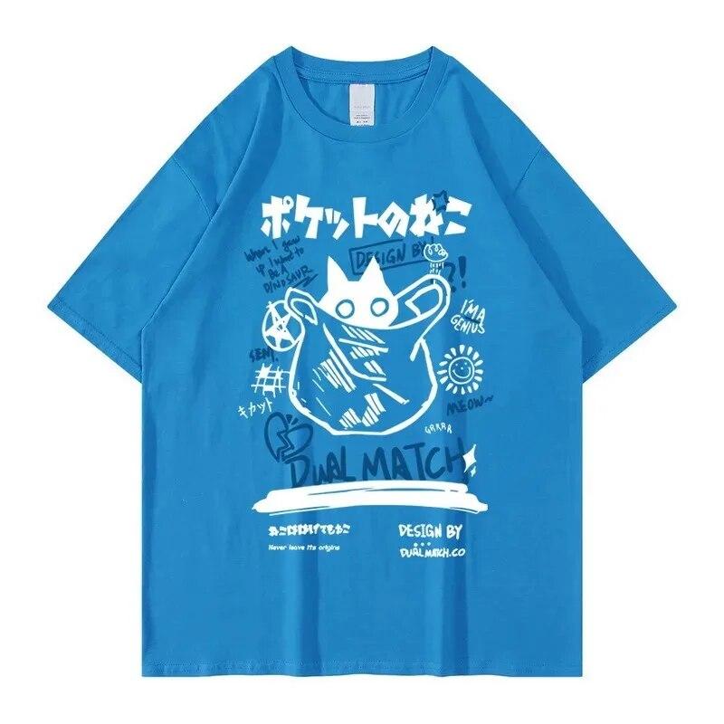 

Футболка унисекс в стиле хип-хоп, уличная одежда, японская футболка с забавным принтом кота, летняя футболка унисекс в стиле Харадзюку, хлопковый повседневный топ с короткими рукавами XL