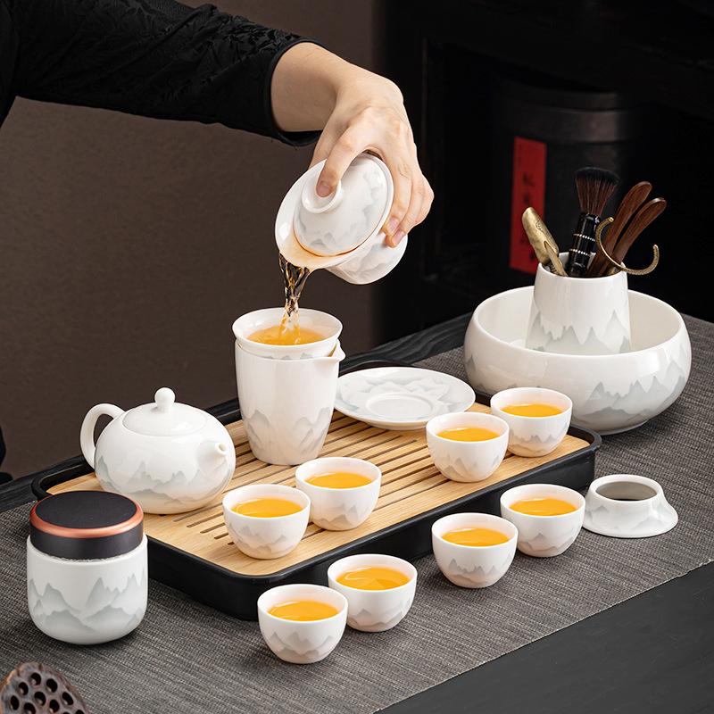 High-end tea set, ink, suet jade, kung fu white porcelain set, high-end teapot for home use, holiday gift