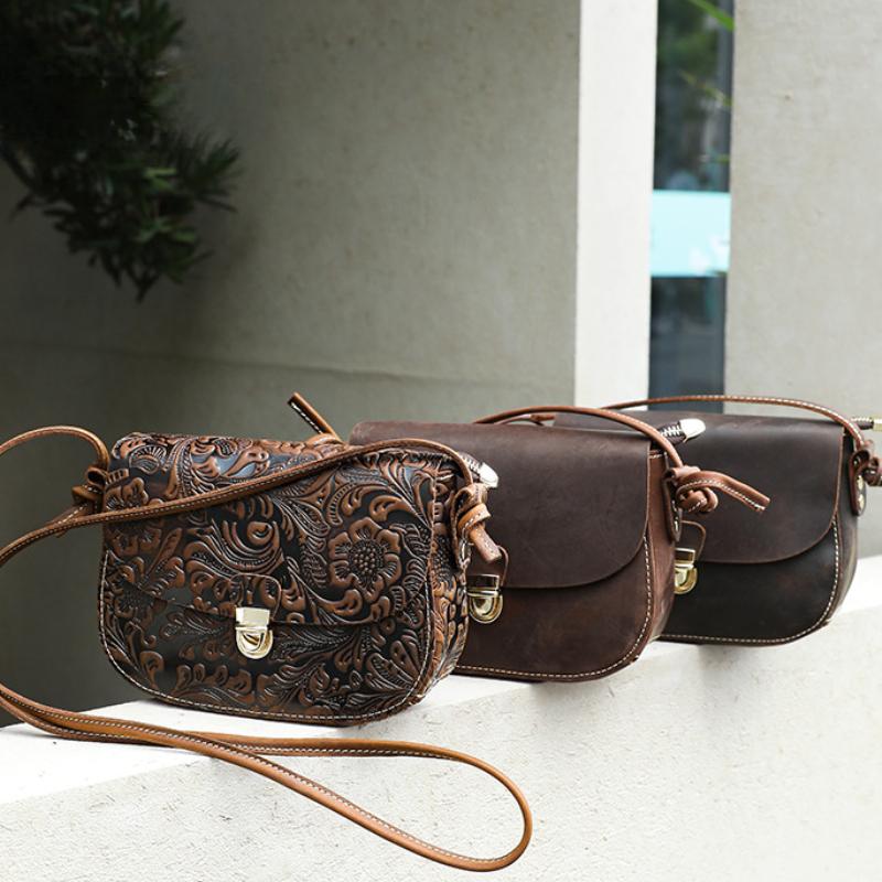 Johnature Women's Genuine Leather Shoulder Bag Versatile Cowhide Embossed Buckle Retro Crossbody Bag