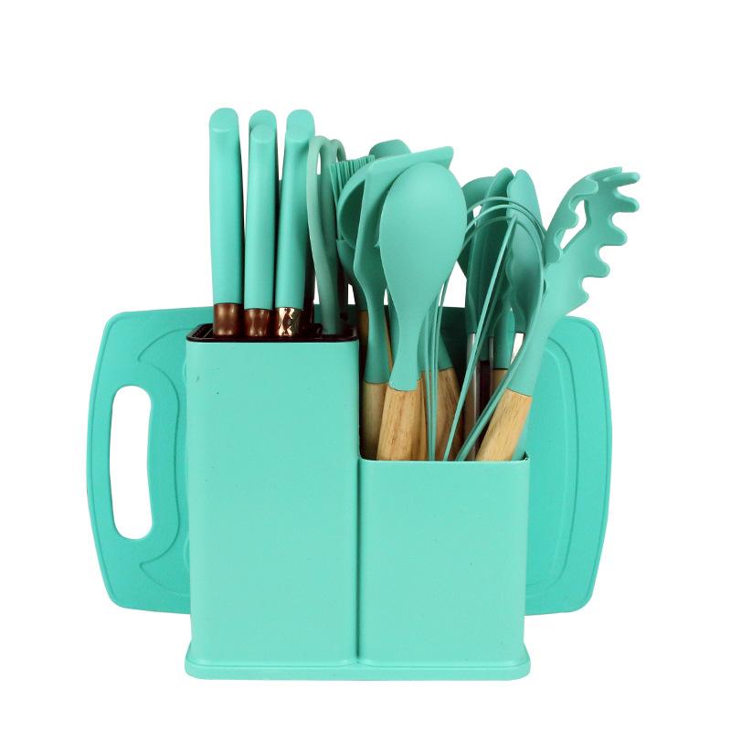 

Набор кухонных принадлежностей из термостойкого силикона с антипригарным покрытием, 19 предметов, ножи и инструменты в бамбуковом ящике для хранения, идеально подходит для легкой готовки зелёный