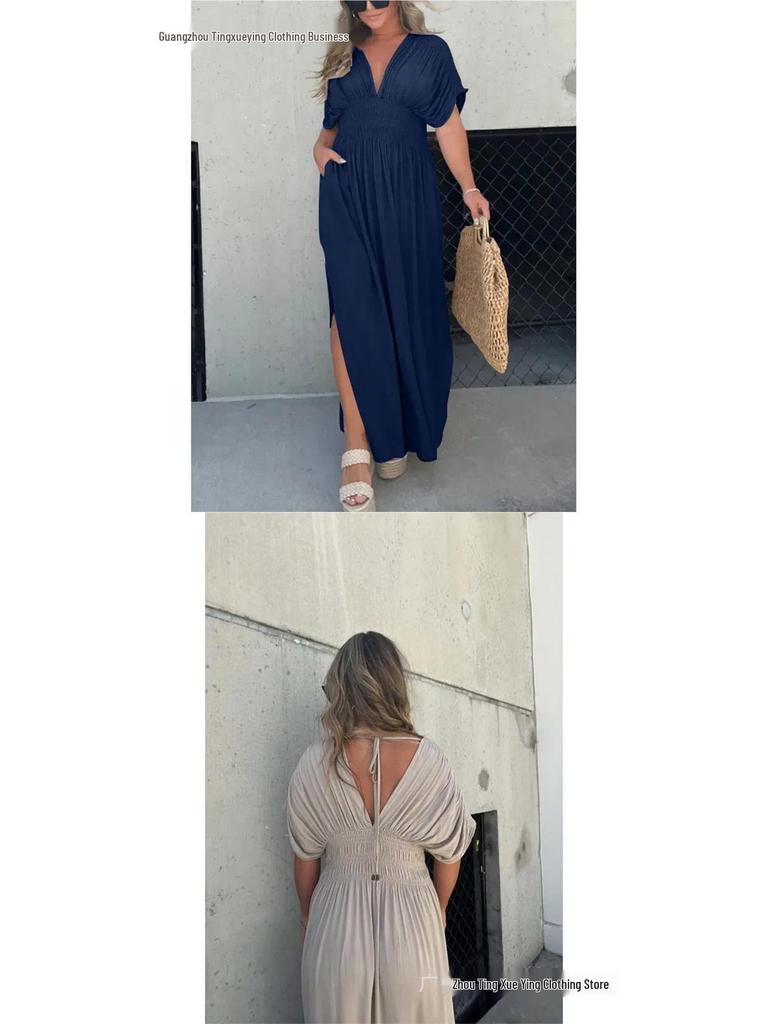 Summer V-neck Batwing Sleeve Elastic Waist Split Long Dress