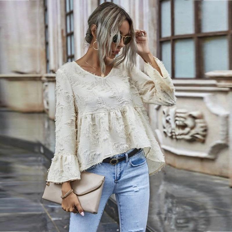 Women's Spring Summer Casual Apricot Chiffon Blouse V Neck Fringed Cut-Flower Flare Long Sleeve Fashion Short Peplum Top