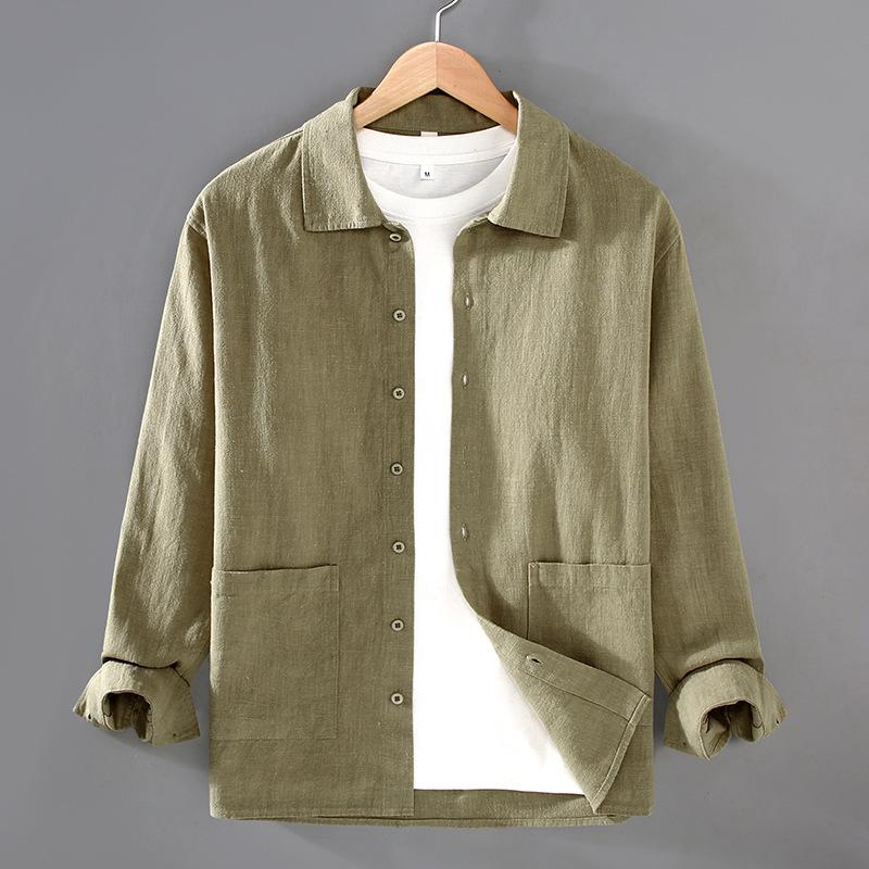 

Spring and Summer Long Sleeve Shirts for Men Japanese Style Ramie Cotton Shirt Man Square Big Pockets Casual Tops Daily XXXL жёлто-зелёный