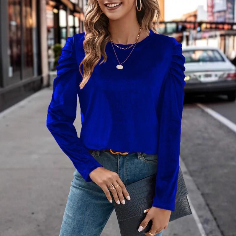 Womens Winter Stretch Velvet Casual Round Neck Fitted Puff Sleeve Long Top