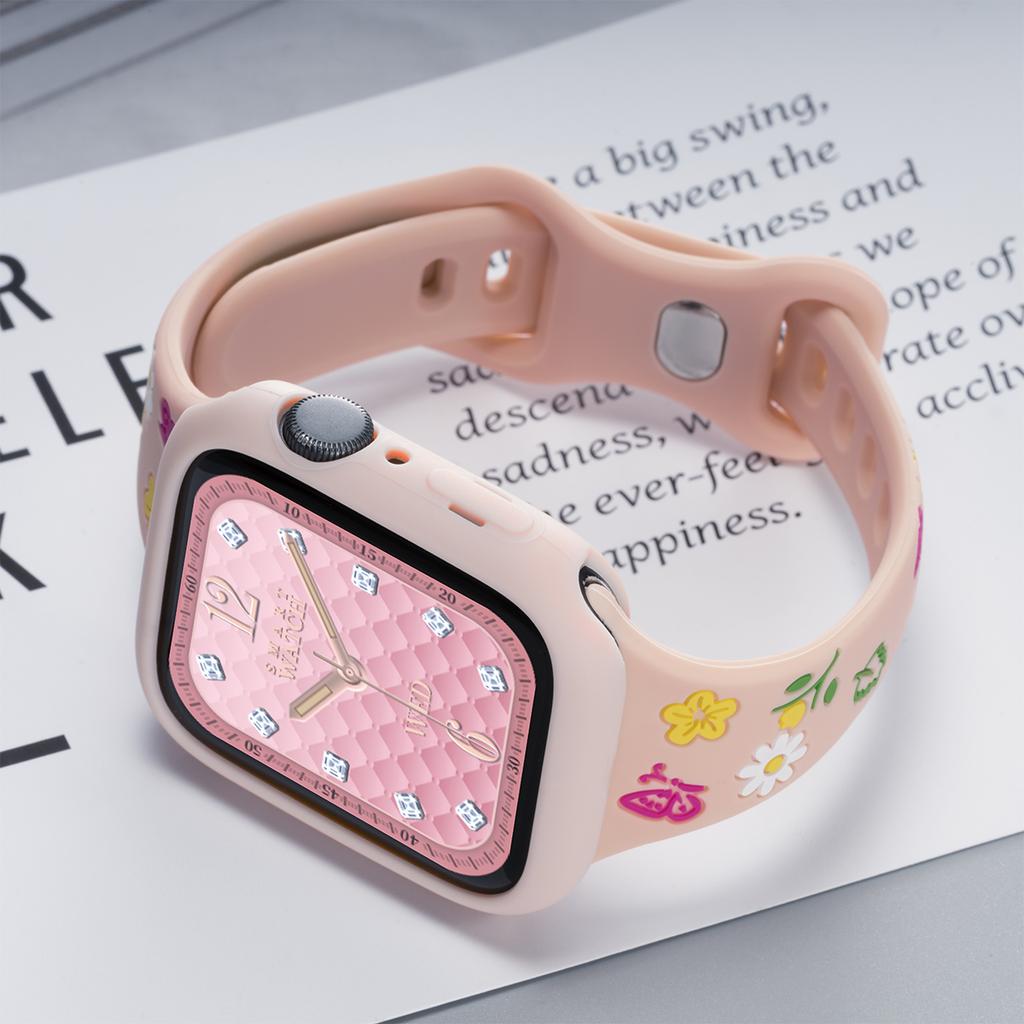 Cute Color Flowers Silicone Strap Case For Apple Watch 42mm 46mm 44 40mm 49 45 38 41mm Girl Slim Band For Iwatch 10 9 8 SE 7 6 5