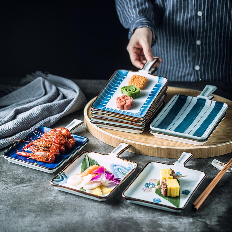 Japanese ceramic plate with handle square cheese baked rice plate Household oven baking plate Western restaurant cutlery