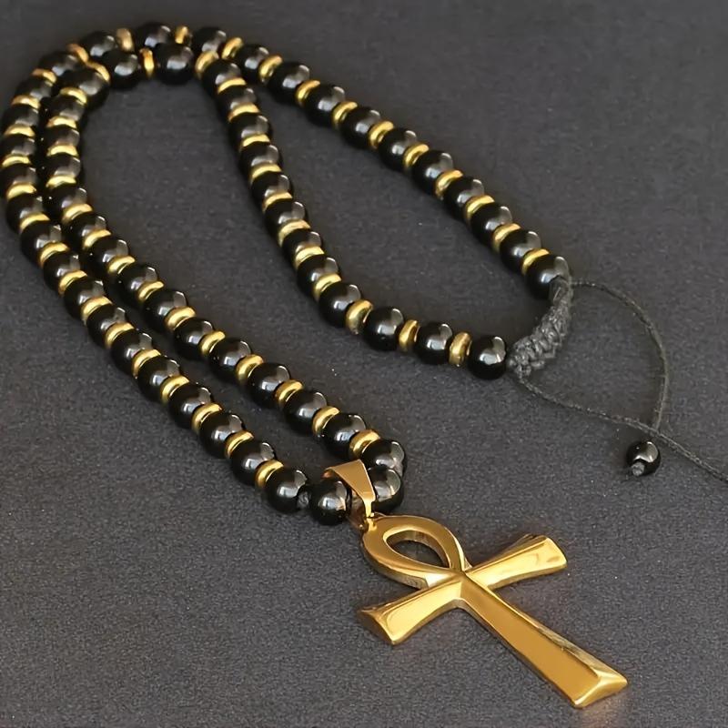 Adjustable Natural Black Agate Beaded Cross Pendant Necklace Fashion Jewelry чёрный