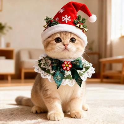 Weihnachts-Spitzenspucktuch mit Glöckchen Haustier-Schleife Lätzchen Kragen Schal Karierte Schleife Hund Katze Halsband Halskette Pflege Hund Spucktuch Lätzchen