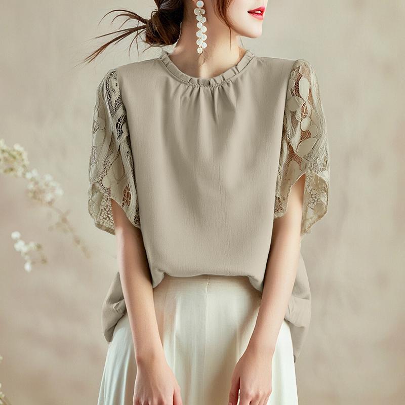 ZANZEA Women Casual Round Neck Loose Splice Short Sleeve Blouse