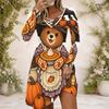 Women Criss Cross V Neck Long Sleeve Fitted Curved Hem Cartoon Bear Pumpkin Printed Dress