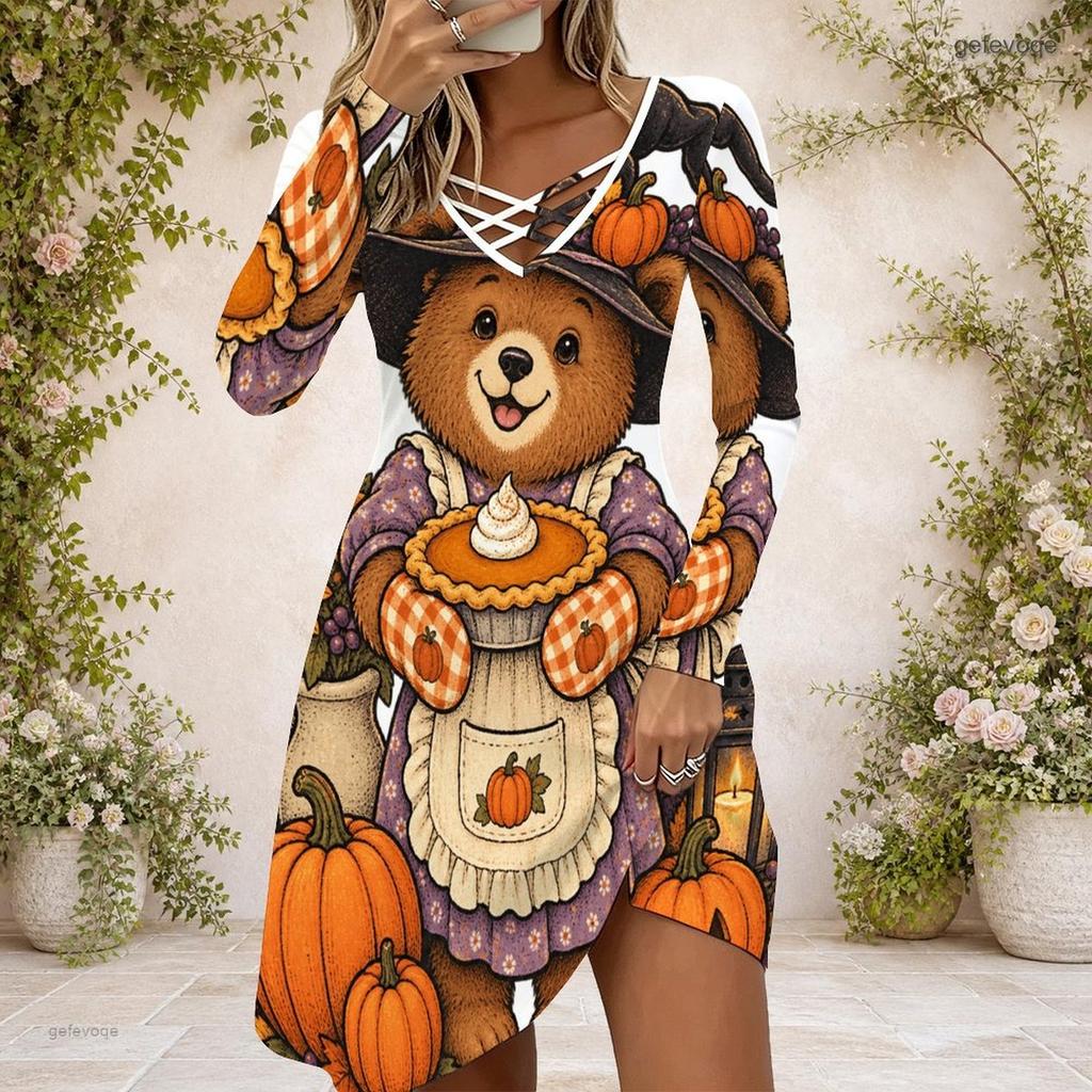 Women Criss Cross V Neck Long Sleeve Fitted Curved Hem Cartoon Bear Pumpkin Printed Dress