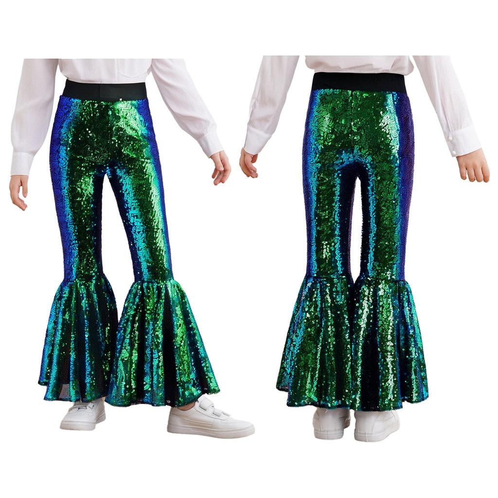 Pantaloni Compleți pentru Spectacol pe Scenă pentru Fete: Pantaloni evazați strălucitori cu paiete și talie elastică pentru dans și spectacol