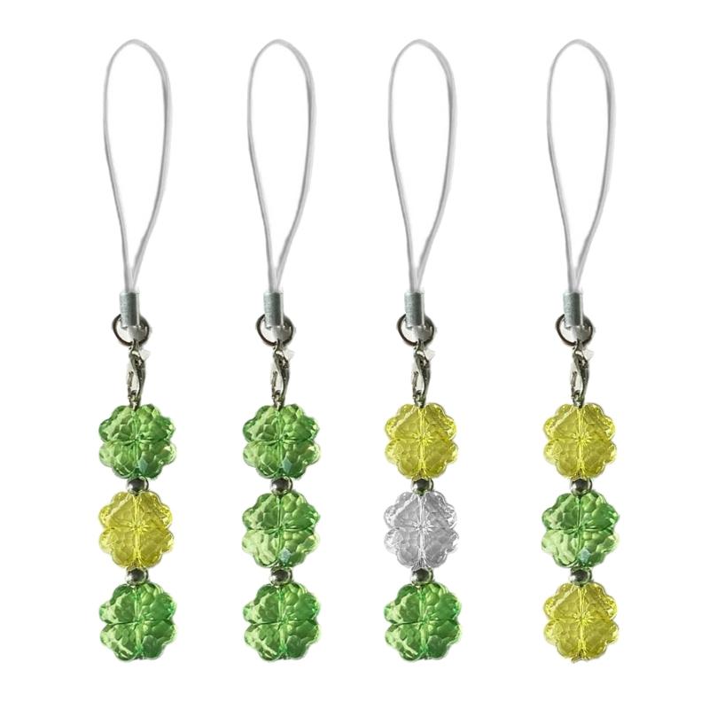 Handmade Beaded Phone Chain Crystal Four Leaf Clovers Cellphone Charm Colorful Keyring Pendant Bag Accessory for Bag Key