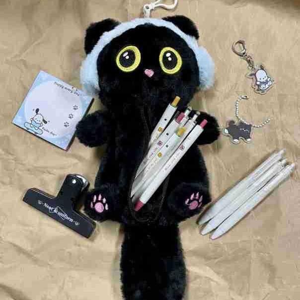 Fluffy Black Cat Pen Case With Large Capacity Student Stationery Organizer For Cute Desk Decor
