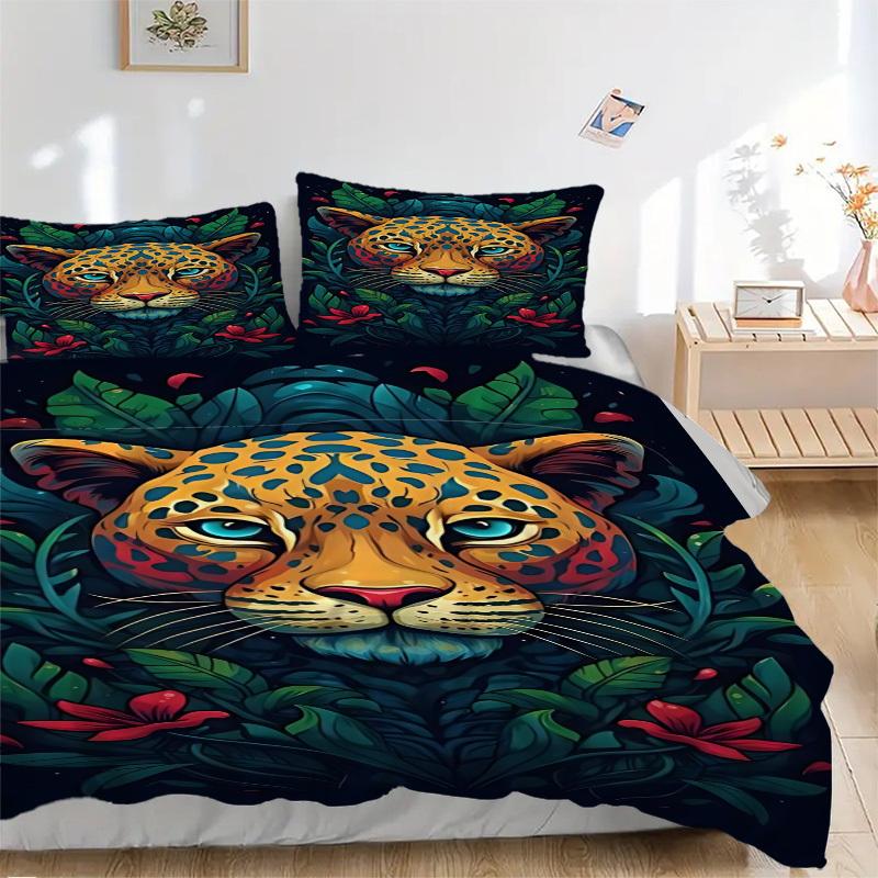 

3PCs Leopard Print Design Cover Set, Breathable Fabric, Machine Washable (1 Duvet Cover + 2 Pillowcases) (Without Quilt) yy250911070 135x200cm