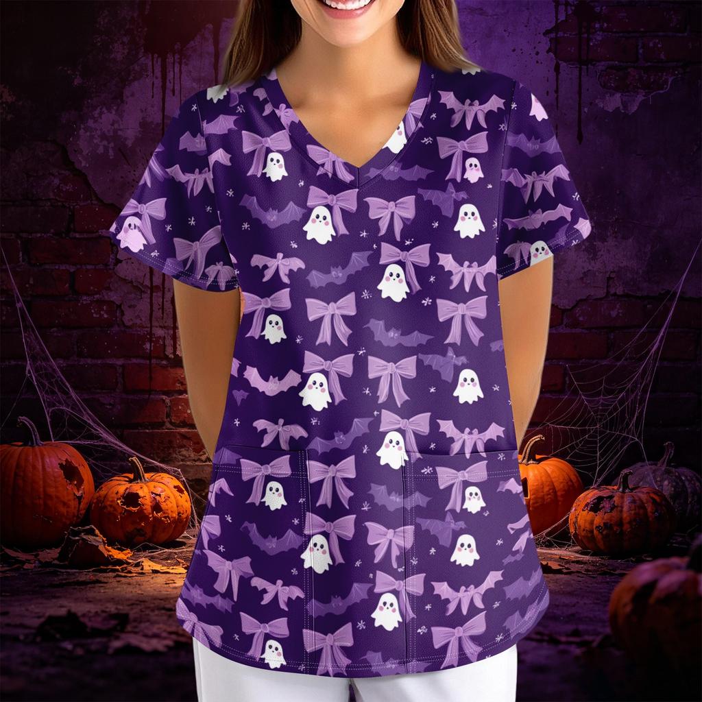 Womens Halloween Print Loose Fit V Neck Pocket Short Sleeve Scrub Top for Nurses and Professionals
