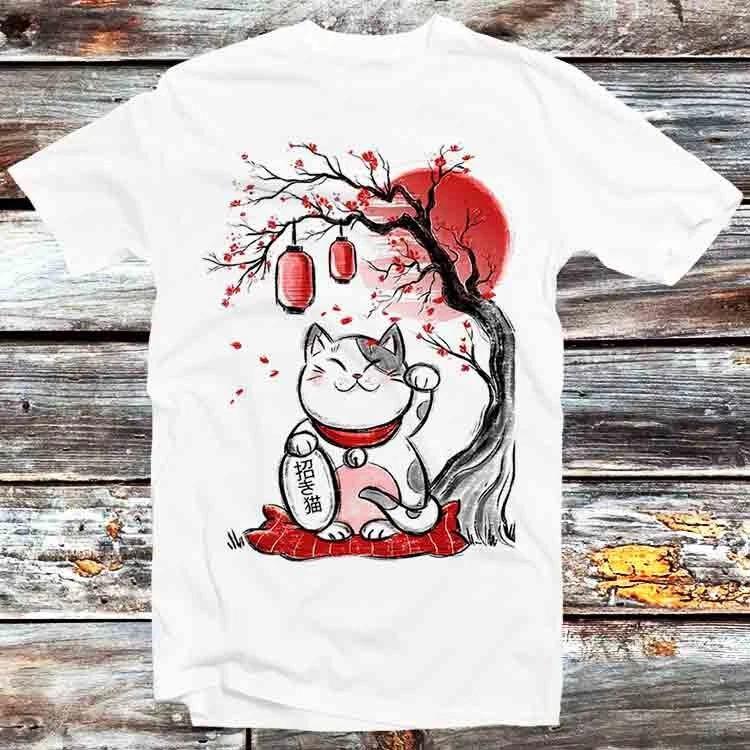 Unisexeki Neko Sakura Bonsai Tree Drawing Art T Shirt B1254 XL