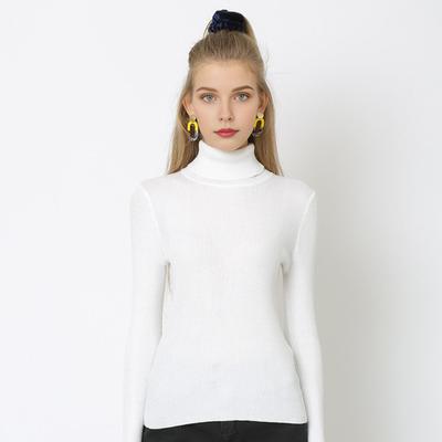 Tops Femininos Gola Alta Manga Longa Ajuste Slim Tricô Elástico Cor Sólida